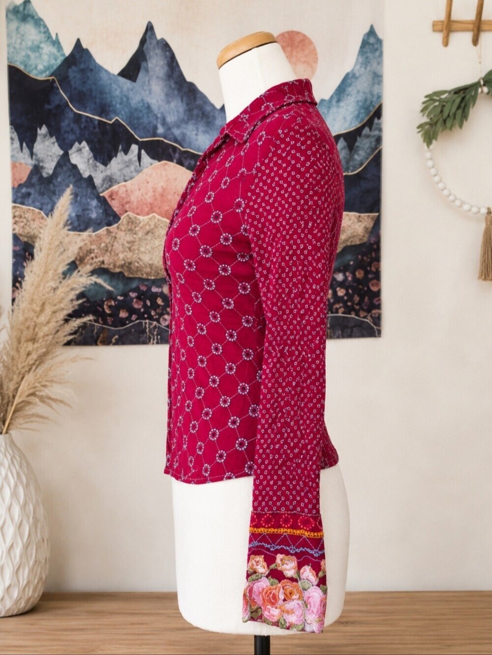 Johnny Was Vintage Embroidered Red Rayon Peasant Blouse Boho Floral Top Tunic XS - Picture 5 of 14